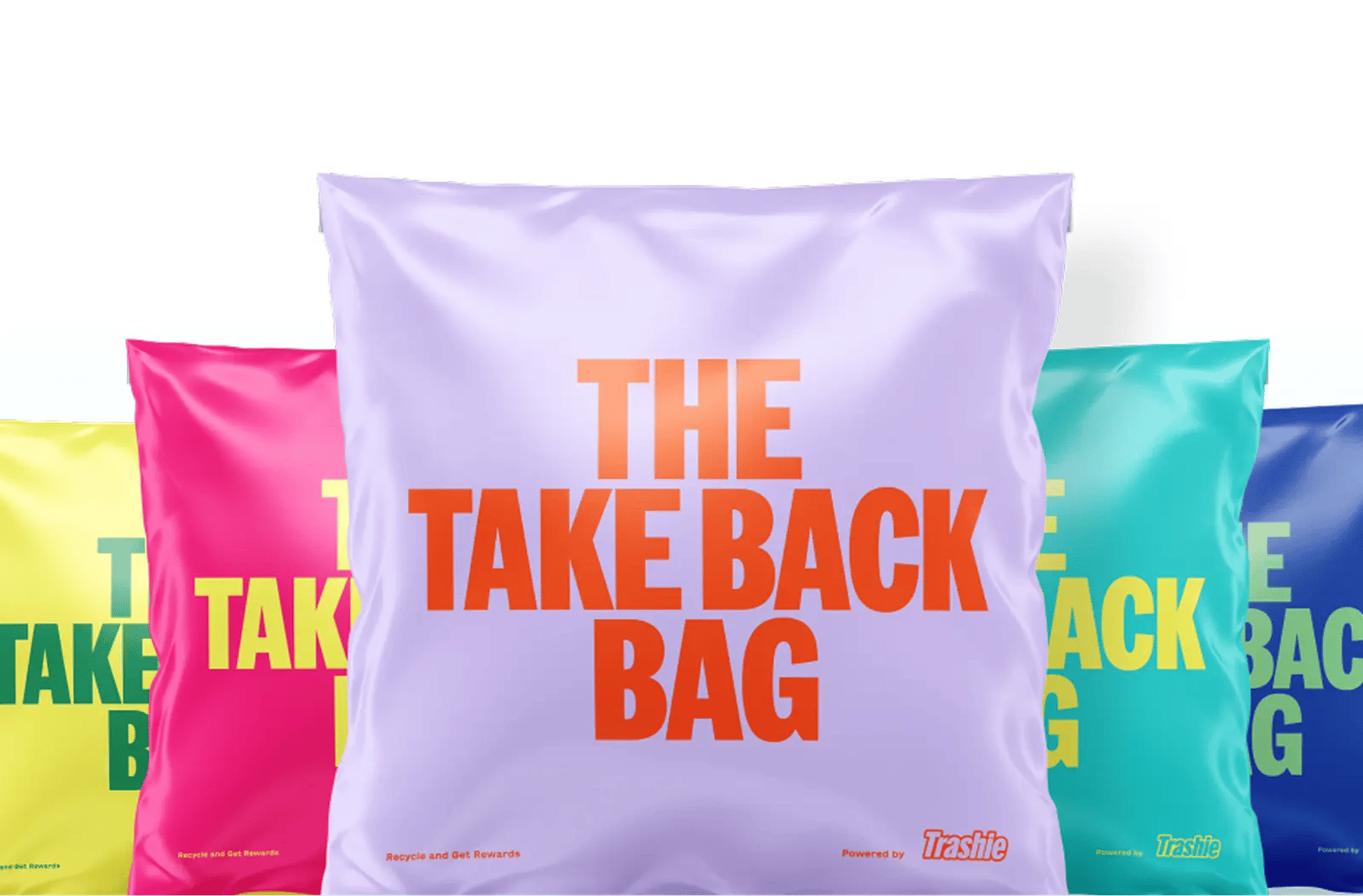 Multiple pink Take Back Bags grouped together
