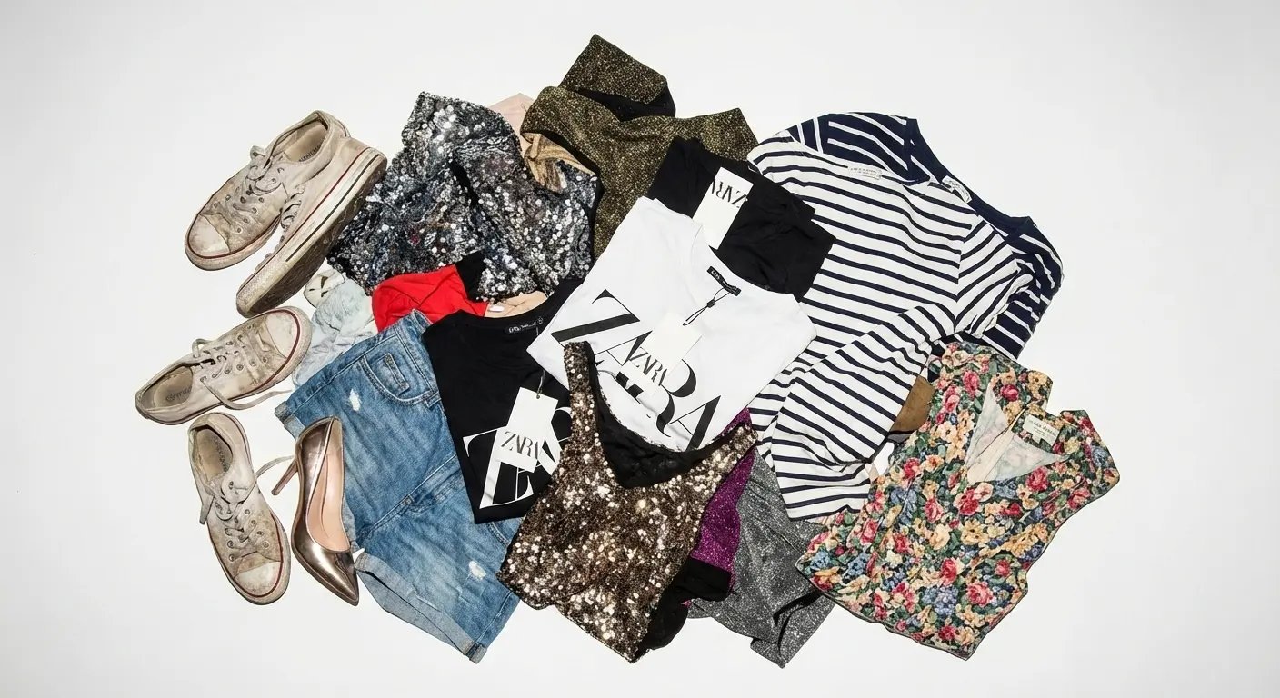 Flat lay of various clothing items accepted by Trashie