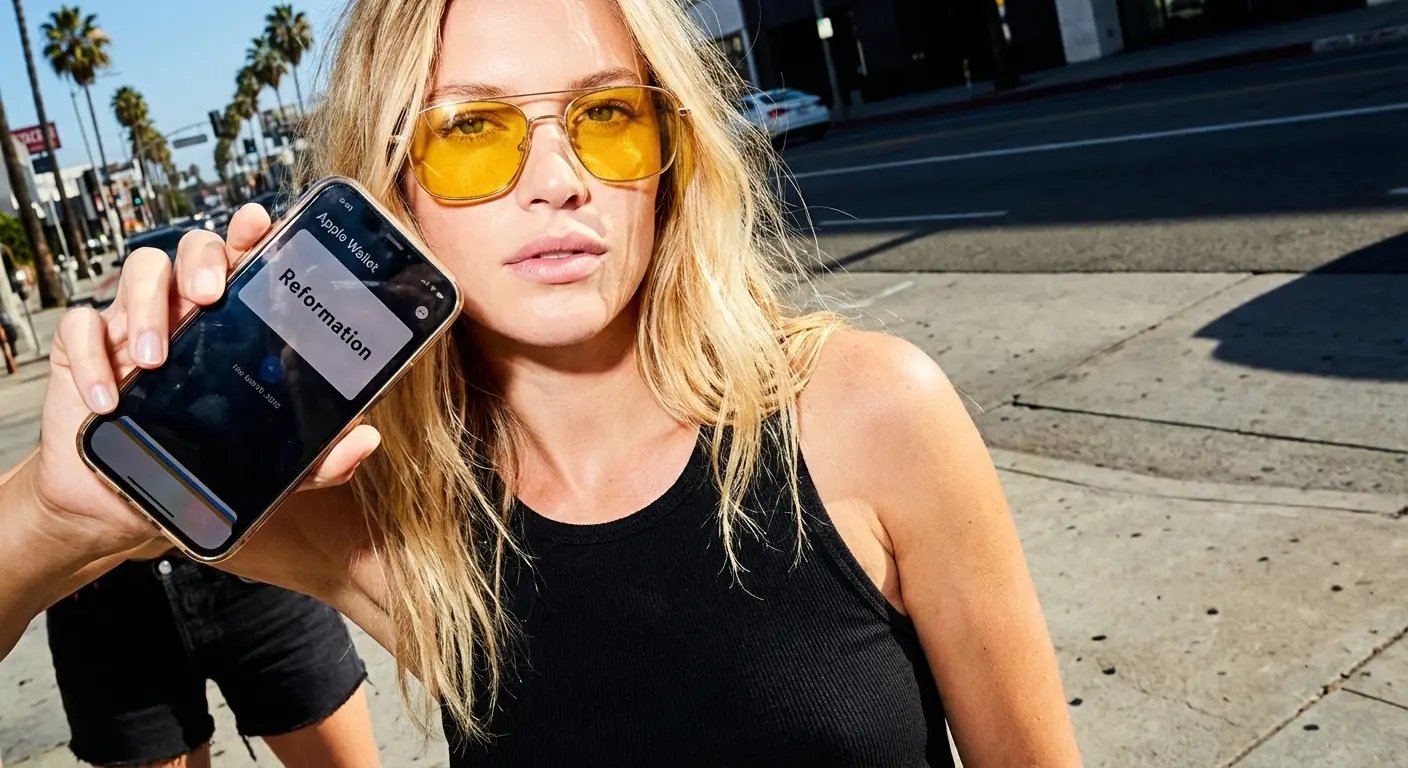 Woman holding phone showing Reformation rewards in Apple Wallet