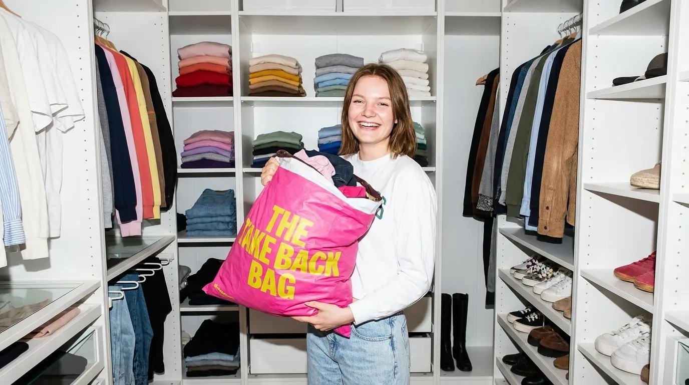 Person holding a pink Take Back Bag